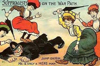 Cartoon of early 20th century suffragists beating a hapless policeman who has been conditioned that "men don't hit women."